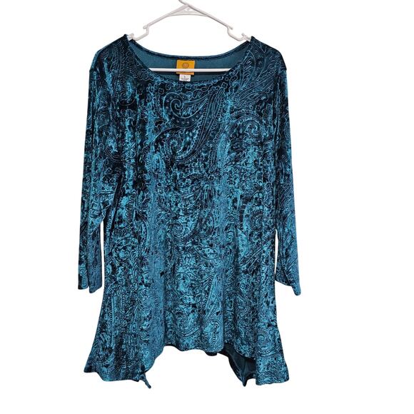Ruby Rd. Blue/Green Paisley Textured Velvet Long Sleeved Top Women's Size Large - Picture 1 of 5